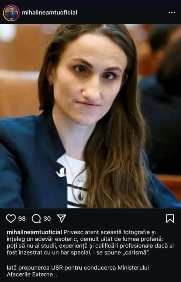 FOTO: Deputatul Mihai Neamțu (AUR), atac grosolan la Oana Țoiu, noul ministru de Externe. A trucat și publicat o poză cu aceasta