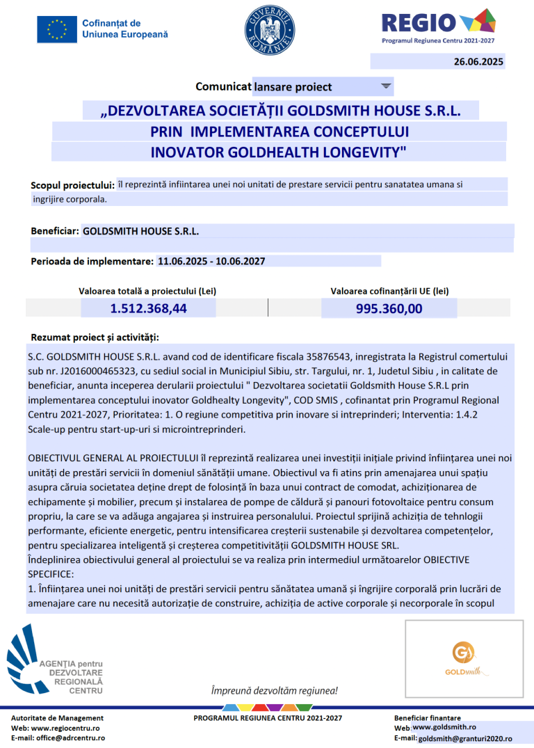 Comunicat lansare proiect Goldsmith House