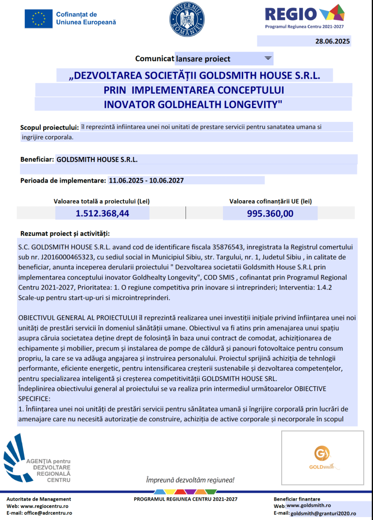 Comunicat lansare proiect Goldsmith House