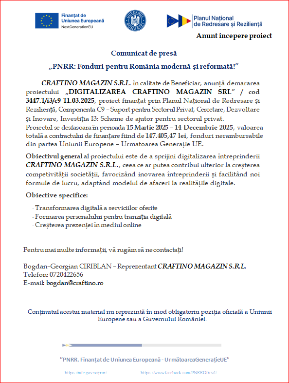 Anunț proiect PNRR Craftino Magazin