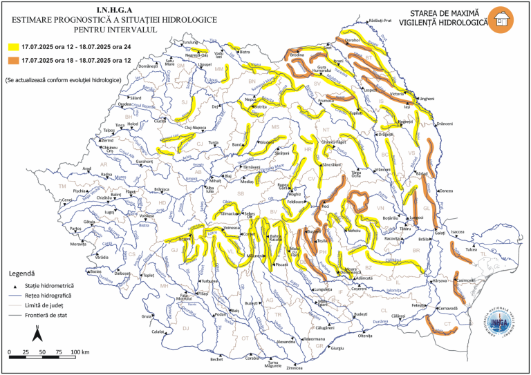 ULTIMA ORĂ: Coduri Galben și Portocaliu de viituri și inundații pentru 32 de județe