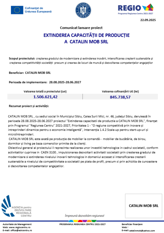 Comunicat lansare proiect: „Extinderea capacității de producție a Cătălin Mob SRL”