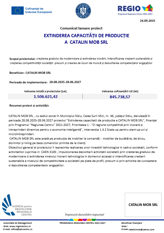 Comunicat lansare proiect: „Extinderea capacității de producție a Cătălin Mob SRL”