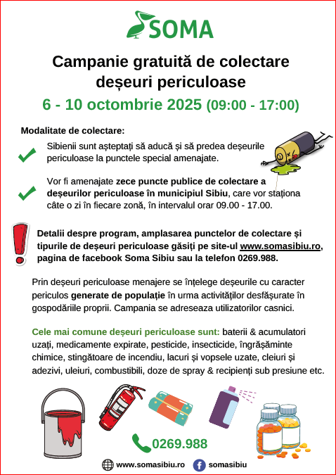 Sibienii, chemați să predea deșeurile periculoase: campanie gratuită de colectare SOMA