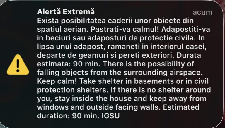FOTO: Mesaj RO-ALERT într-un oraș din România: Pericol de cădere a unor „obiecte din spațiul aerian”