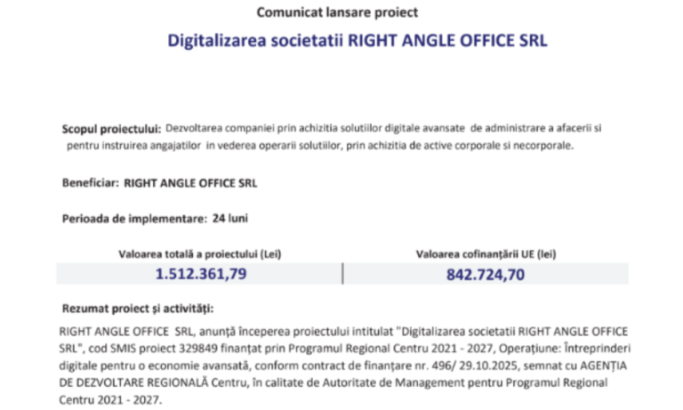 Digitalizarea societatii RIGHT ANGLE OFFICE SRL