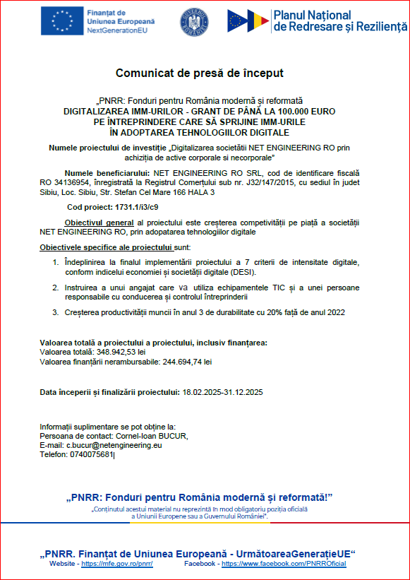  Comunicat de presă de început digitalizarea NET ENGINEERING RO