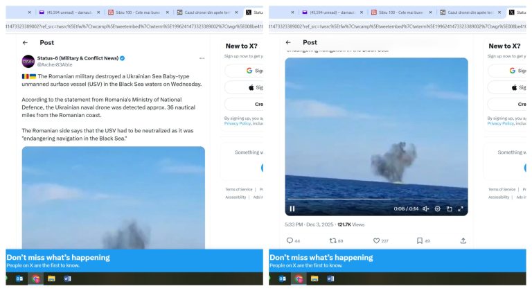 Ucraina susține că drona din apele teritoriale ale României, distrusă de armată, NU îi aparține! Drona punea în pericol circulația maritimă din zona Constanța
