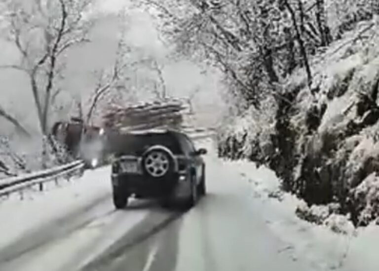 VIDEO: Un autocamion încărcat cu lemne s-a răsturnat într-o prăpastie, între Gura Râului și Păltiniș
