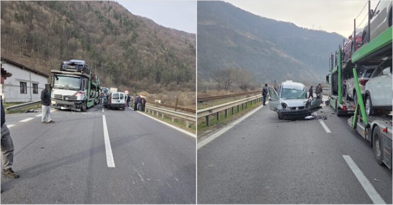 FOTO/ULTIMA ORĂ: Impact violent la Câineni: Autoturism lovit de vehicul mare – traficul paralizat