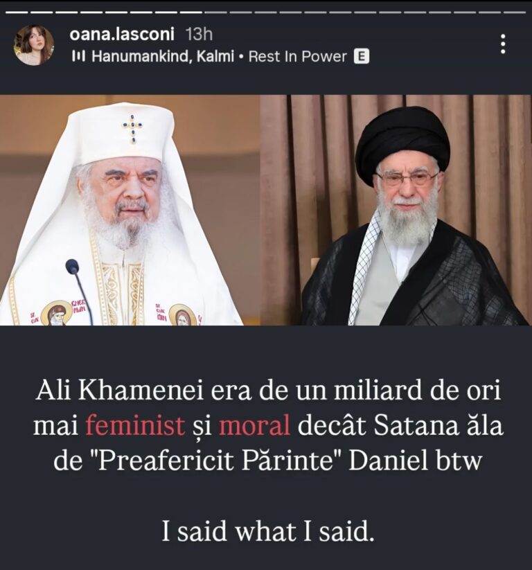 Fata Elenei Lasconi, postare bizară: Ali Khamenei era de de un miliard de ori mai feminist și mai moral decât Satana ăla de Preafericit Părinte Daniel