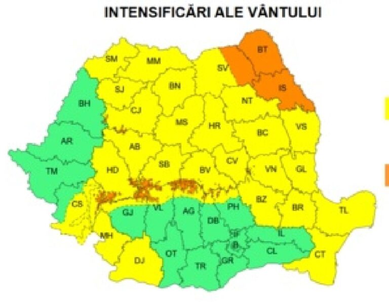 ALERTĂ METEO – Cod Portocaliu de vânt: furtuni violente și vreme rece în toată țara