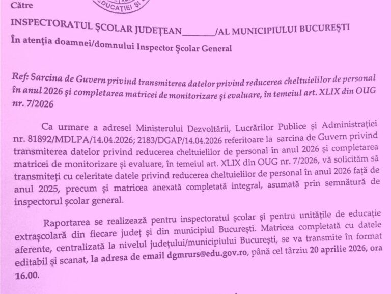 Inspectoratele școlare trebuie să raporteze urgent reducerile de cheltuieli de personal pentru 2026: termen limită 20 aprilie, ora 16