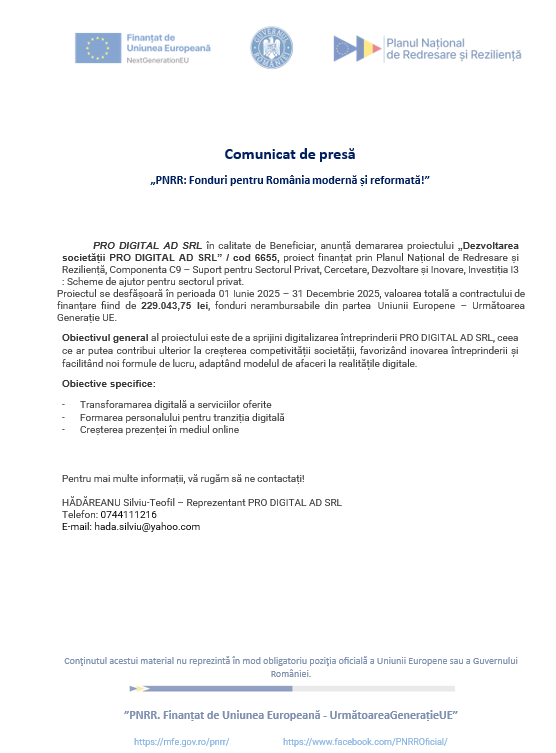 Comunicat de presă „PNRR: Fonduri pentru România modernă și reformată!”
