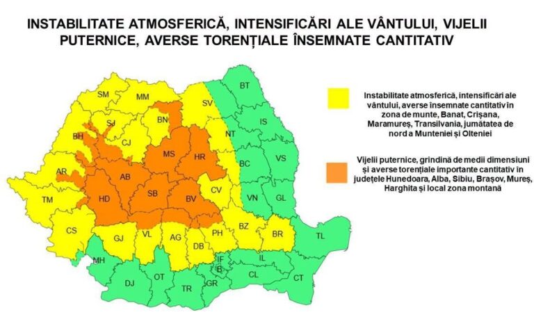 ALERTĂ METEO – Vreme severă în Sibiu! ANM avertizează: vijelii puternice, grindină și ploi torențiale