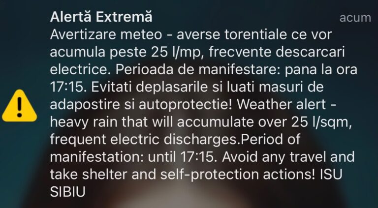 Alertă meteo, de furtuni și vreme severă, în Sibiu