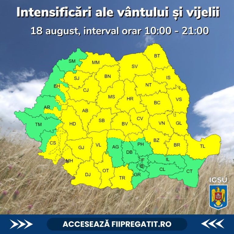 Cod galben de vânt și vijelii în județul Sibiu! ANM: vreme periculoasă până la ora 21
