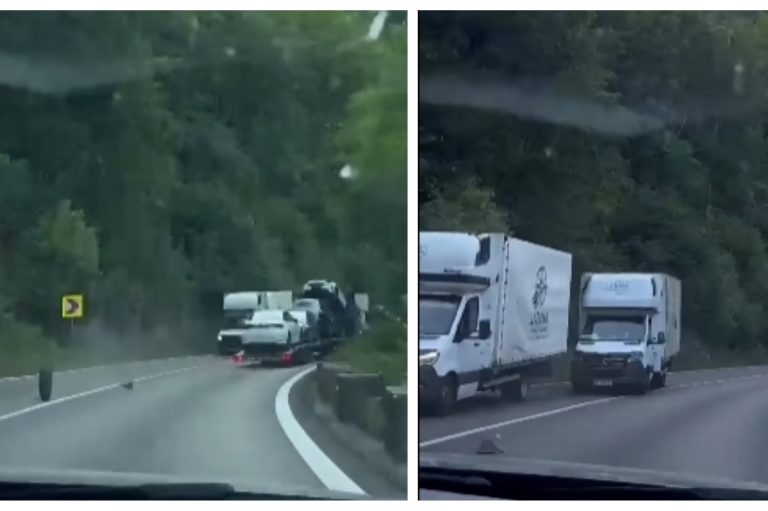 VIDEO - O platformă auto pierde o roată pe Valea Oltului și continuă să meargă10 kilometri. O autoutilitară lovește roata desprinsă