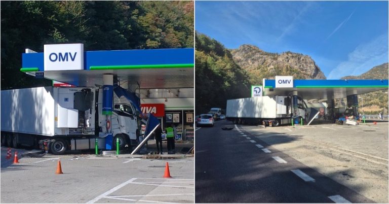 FOTO/ULTIMA ORĂ: Accident GRAV pe Valea Oltului. Un camion a intrat într-o stație de benzină